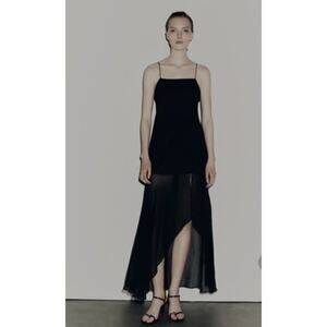 Zara Dress Limited Edition Y2K Asymmetric Sz M Sheer Maxi Black Slip Goth